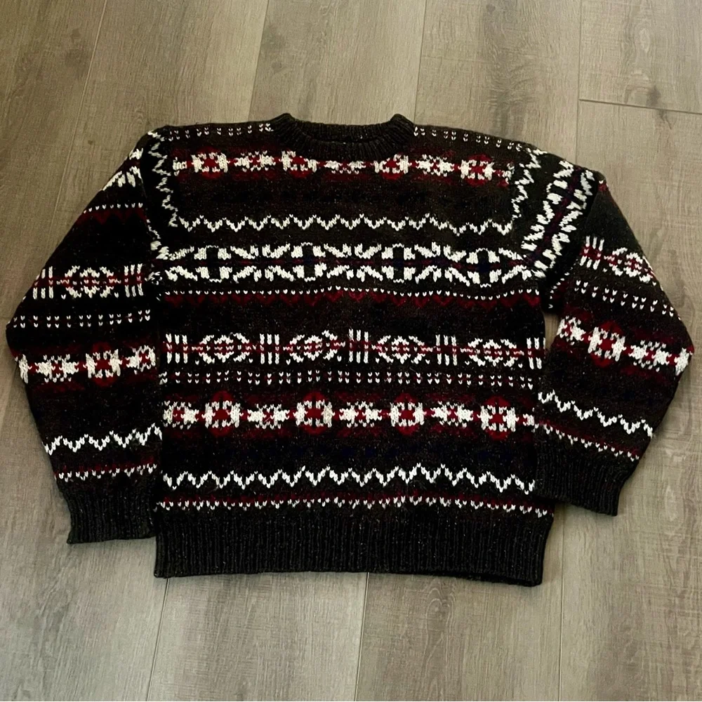 Vintage Wool Sweater Brown/Red Men Medium Fair Isle Nordic Thick Knit Snowflakes